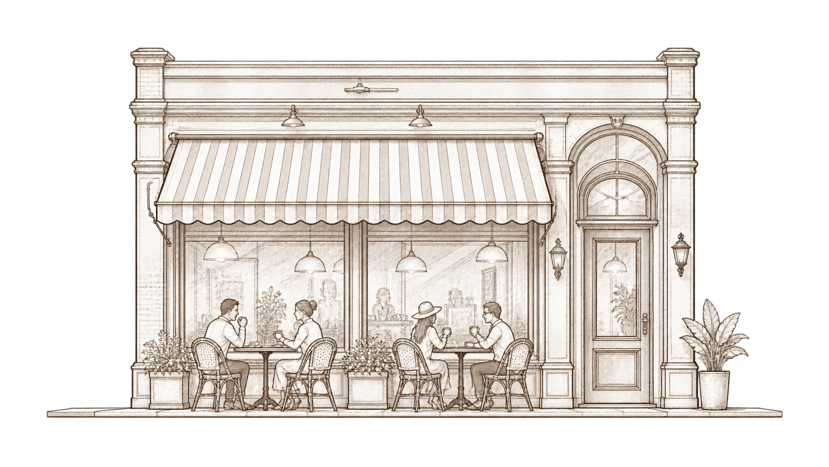 Architectural line drawing of a corner cafe with pavement tables and planting.