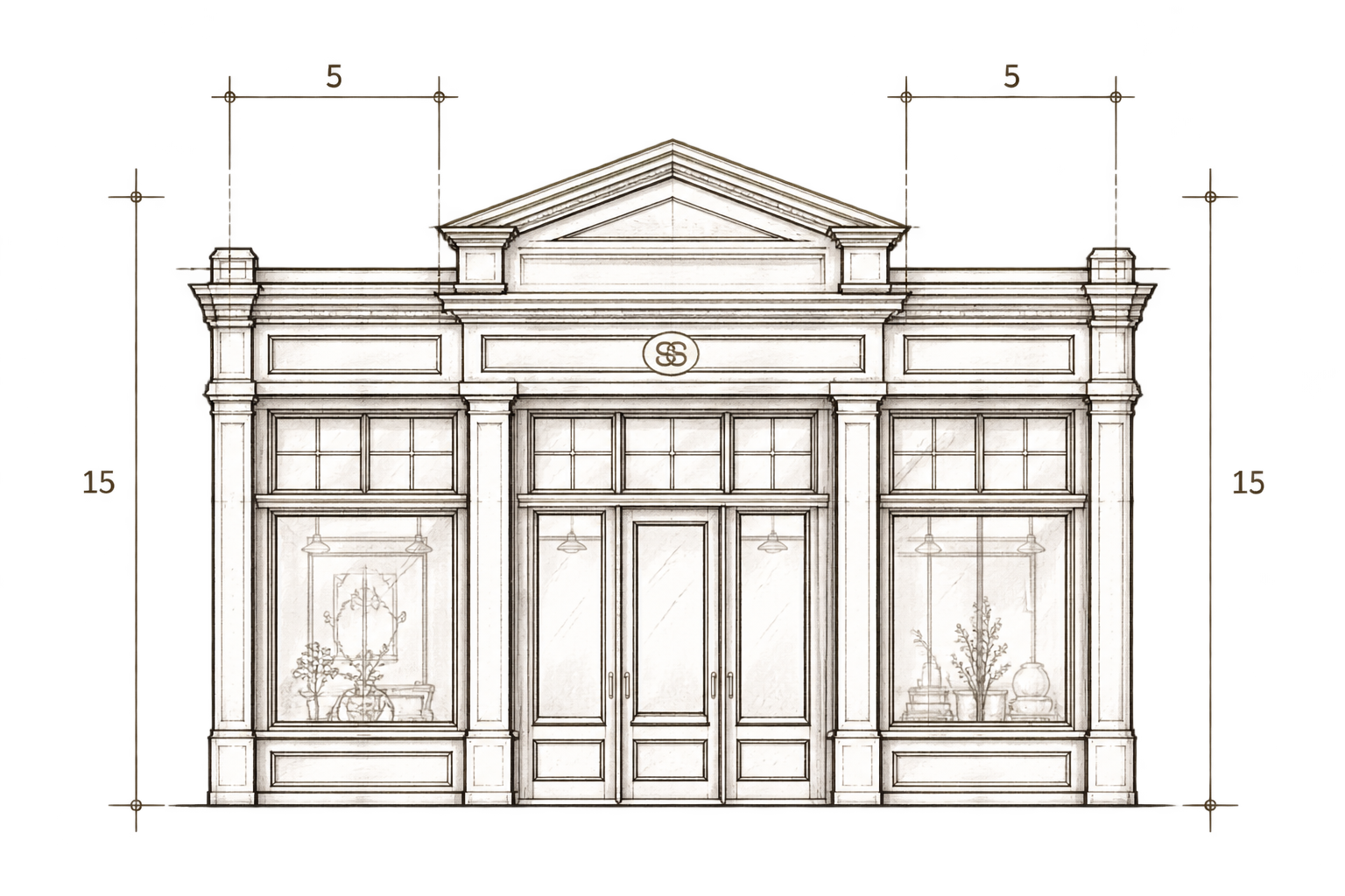 Architectural line drawing of a classical storefront facade with columns and a pediment.