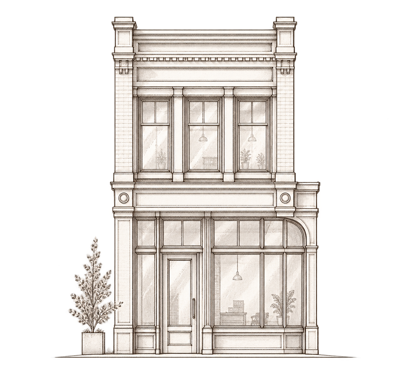 Architectural line drawing of a two-storey main-street building with an awning.