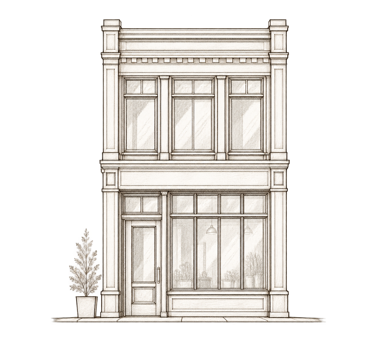 Architectural line drawing of a single-storey main-street shopfront.