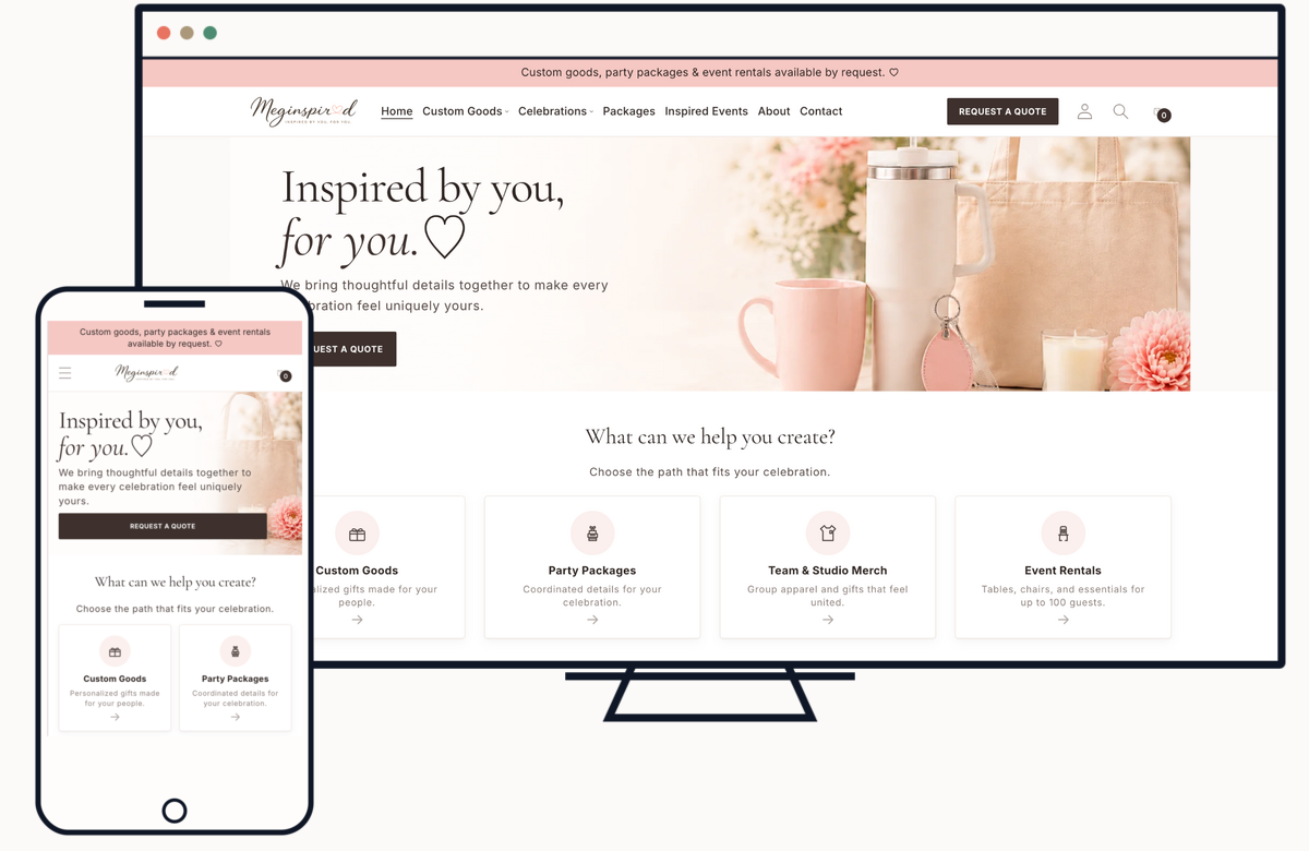 Meginspired website displayed on approved desktop and mobile device frames.
